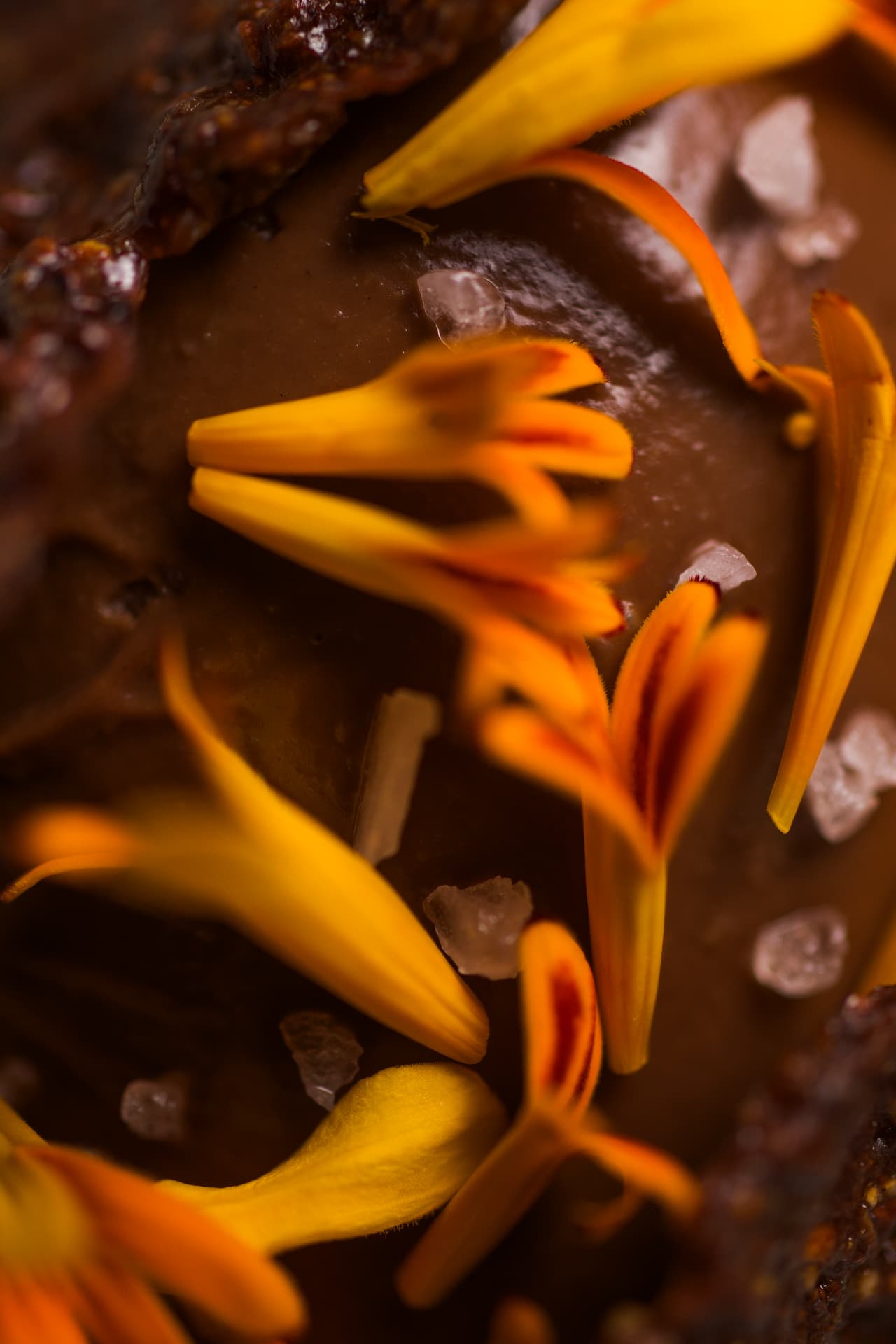 Gros plan sur les fleurs d'orange et les cristaux de sel du dessert au chocolat